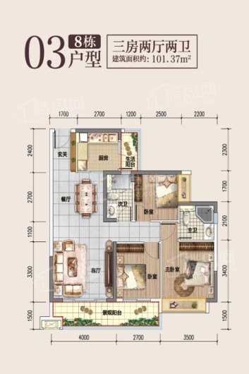 佳兆业伴山溪谷8栋03户型 3室2厅2卫1厨