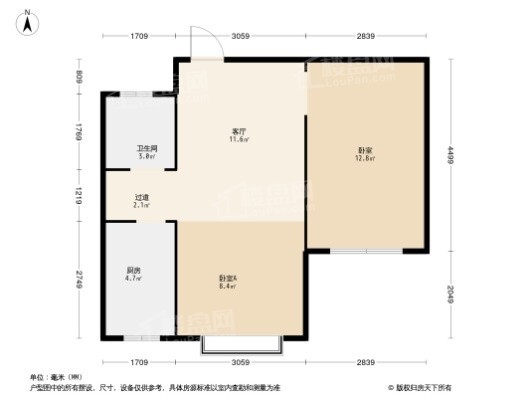 城市家园A户型54平 1室1厅1卫1厨