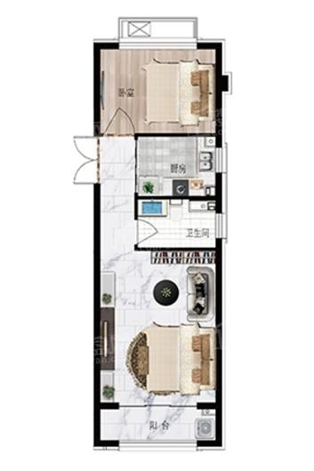 天正公馆二期F户型 1室1厅1卫1厨