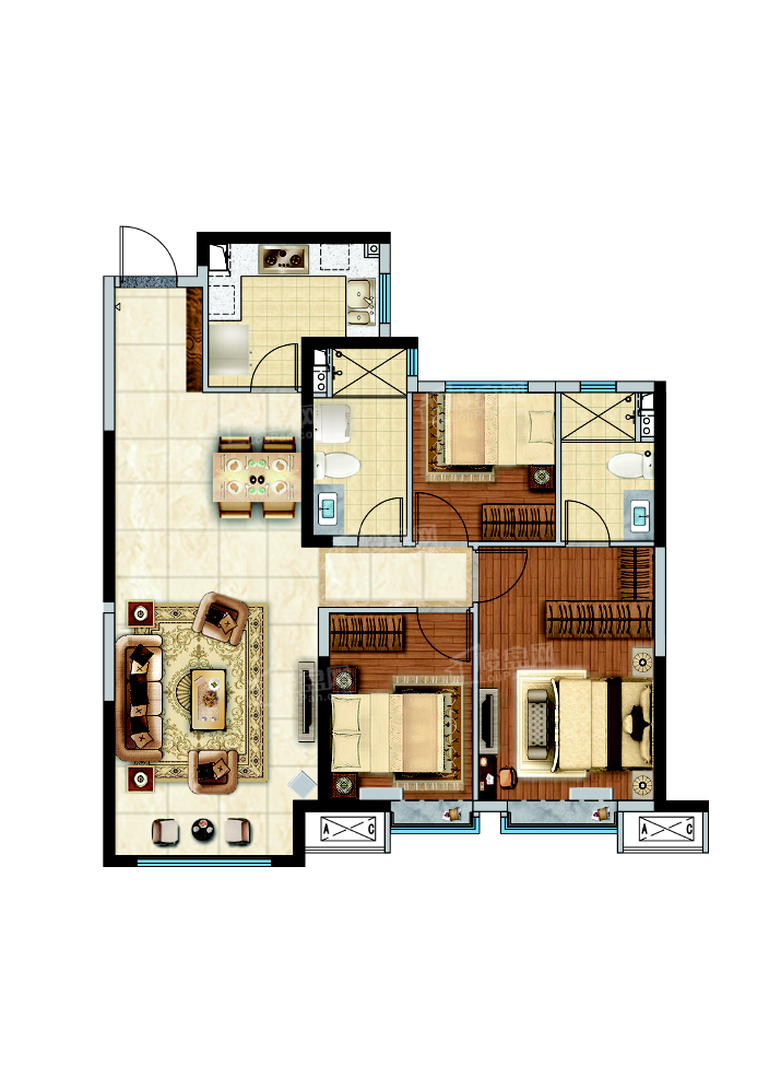  L22#hda户型 124.98平米 三室两厅两卫