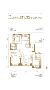 万田金悦府E1户型-悦眠-137.32㎡-三室两厅两卫