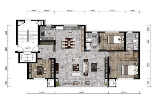 中旅万科城EB—150平户型图 3室2厅2卫2厨