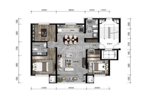 中旅万科城117平户型图 3室2厅2卫1厨