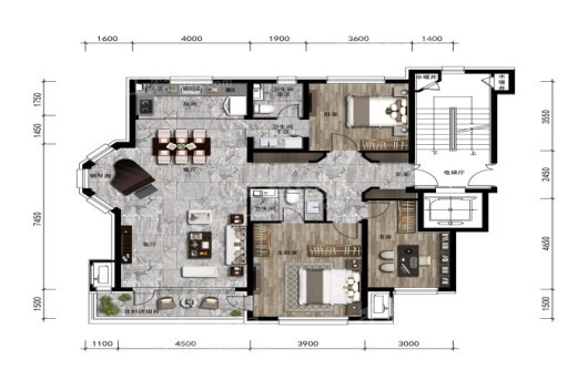 中旅万科城140平户型图 3室2厅2卫1厨