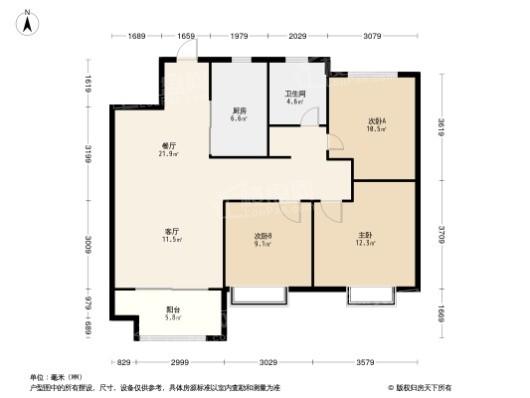 美的翰悦府B户型 3室2厅1卫1厨