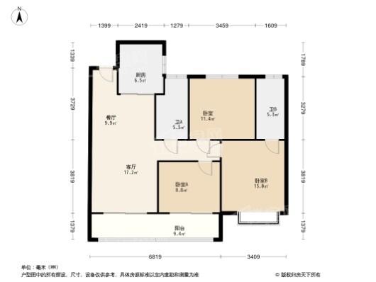 富田城·九鼎华府4号院H户型 3室2厅2卫1厨