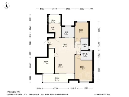 奥园誉湖湾128㎡B户型 4室2厅2卫1厨