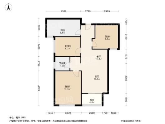 裕华会园B户型 3室2厅1卫1厨