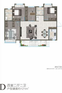 龙记铂樾D户型 4室2厅2卫1厨