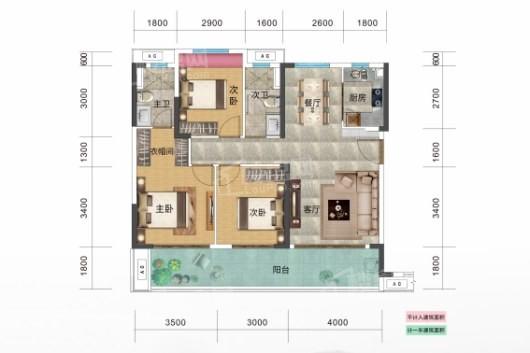 鸿基湖畔新城105㎡洋房户型图 3室2厅2卫1厨