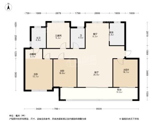 鸿基湖畔新城B户型图 4室2厅2卫1厨