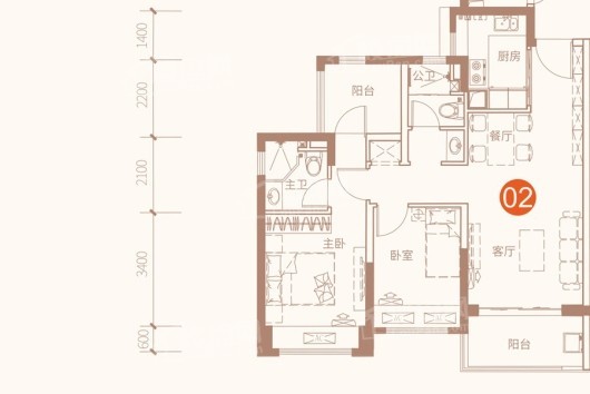 佳兆业金御佳园02户型89平 2室2厅2卫1厨