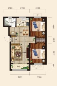 兰庭左岸A户型 2室2厅1卫1厨