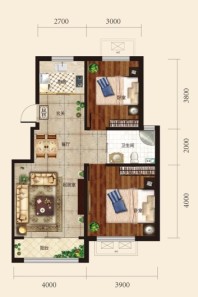 兰庭左岸F户型 2室2厅1卫1厨