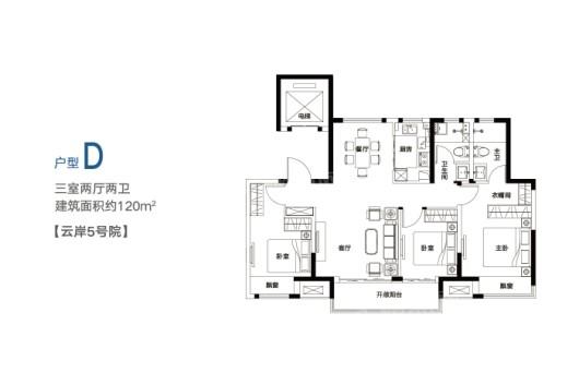 郑州华侨城云岸5号院D户型 3室2厅2卫1厨