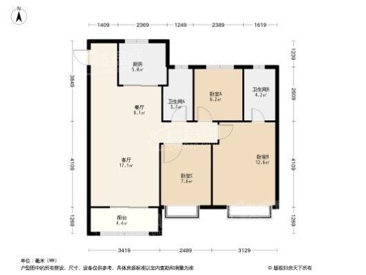 龙湖亿联·春江天玺3居室户型图