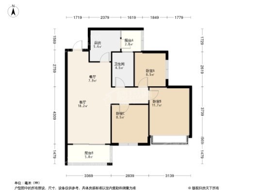 西溪里别院A1户型 3室2厅1卫1厨