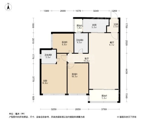 星悦花园1栋02户型 3室2厅2卫1厨