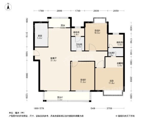 富力金禧悦城建面约115平米户型 3室2厅2卫1厨