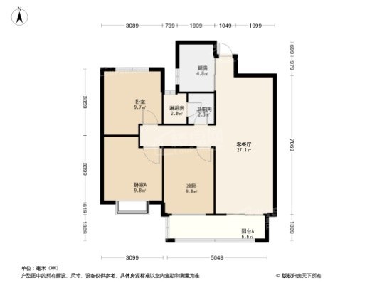 富力金禧悦城建面约95平米户型 3室2厅1卫1厨