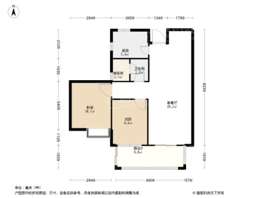 富力金禧悦城建面约79平米户型 2室2厅1卫1厨