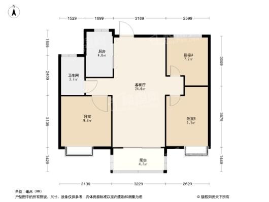 合景悦湖四季75、76号楼C1户型 3室2厅2卫1厨