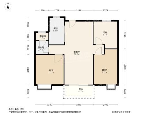 合景悦湖四季75、76号楼C1户型 3室2厅1卫1厨