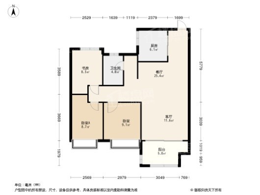 绿都中梁青云赋B户型 3室2厅1卫1厨