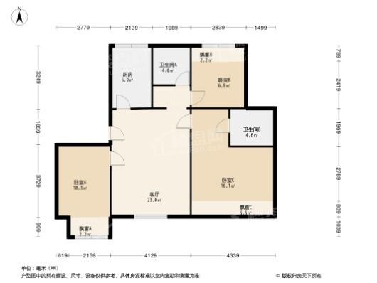 中冶上河雅筑C'户型 3室2厅2卫1厨