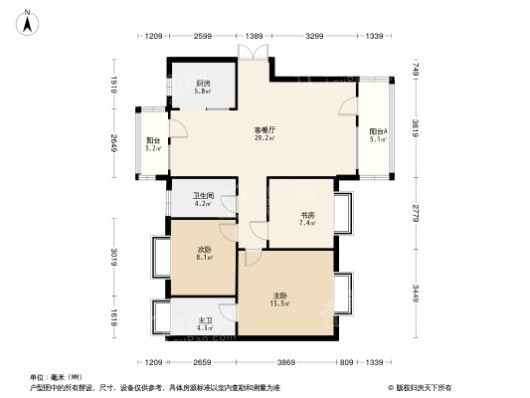 北大资源莲湖锦城1、2、3#建面105平户型 3室2厅2卫1厨