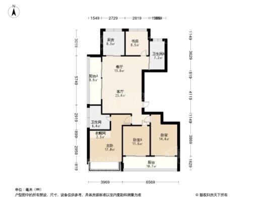 柳岸晓风花园B1-1户型142㎡ 4室2厅2卫1厨