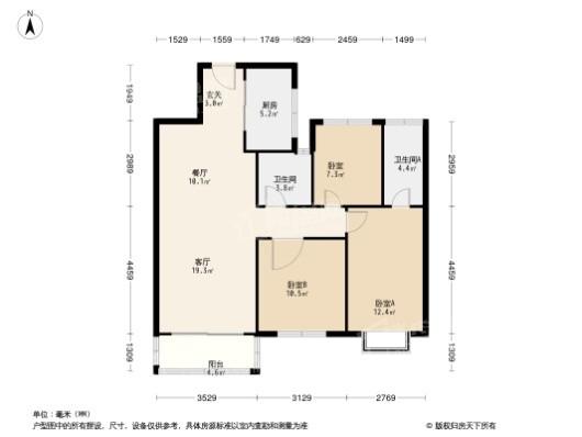 融创澜岸大观建面108平D户型 3室2厅2卫1厨