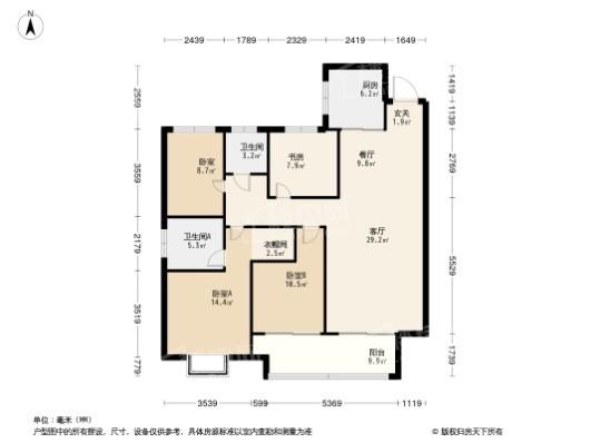 金科绿都·天宸A户型建面约142平 4室2厅2卫1厨