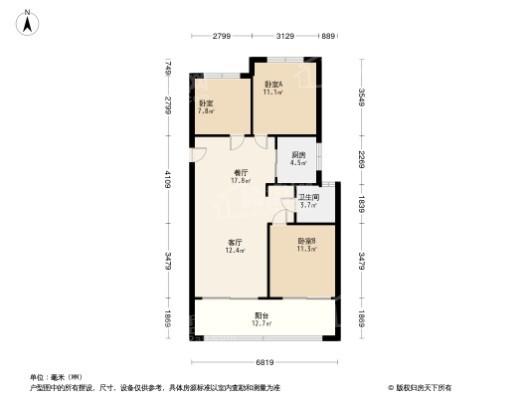 金科绿都·天宸F户型建面约96平 3室2厅1卫1厨