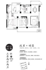 国鼎·梦湖玖里M1N1-户型107.4平 3室2厅2卫1厨