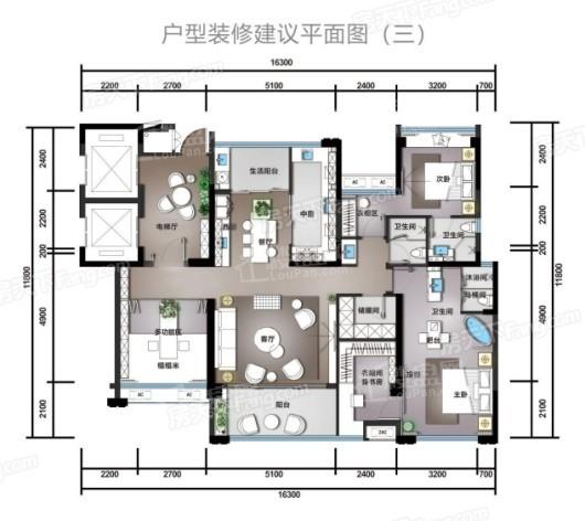 置信·丽府A户型装修建议三 4室2厅3卫1厨