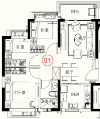 17栋1单元01户型3房2厅1卫86㎡