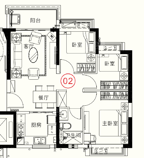 17栋1单元02户型3房2厅1卫86㎡