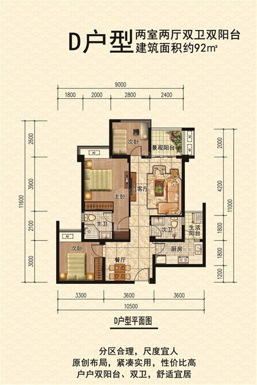 绵阳万向未名湖畔3室2厅1卫户型图-绵阳楼盘网