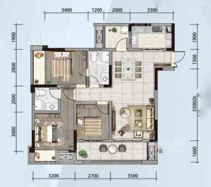 B5户型套内80.72㎡， 3室2厅2卫1厨， 建筑面积约99.84平米