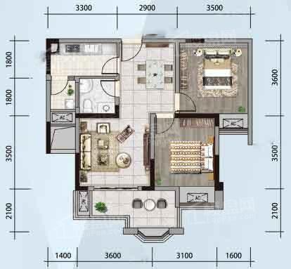 B2′户型套内60.42㎡， 2室2厅1卫1厨， 建筑面积约75.00平米