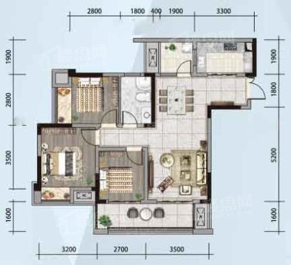 A5-2户型， 3室2厅1卫1厨， 建筑面积约94.00平米