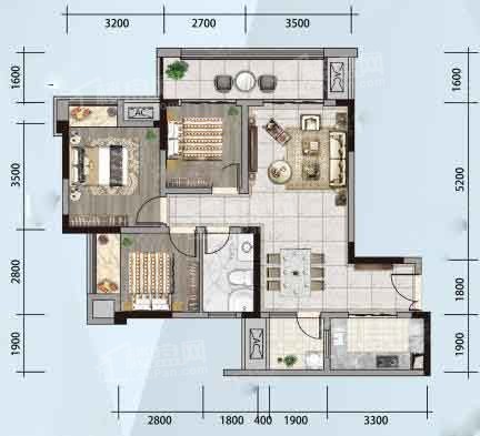 A5-1户型， 3室2厅1卫1厨， 建筑面积约94.00平米