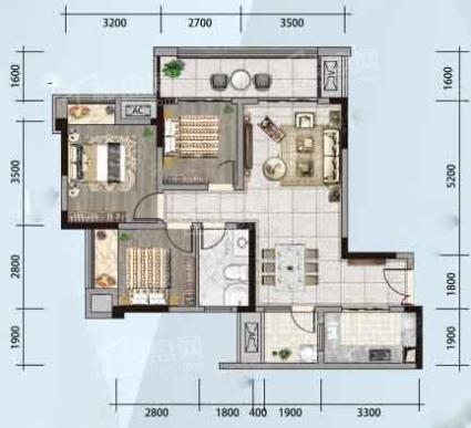A5-1户型， 3室2厅1卫1厨， 建筑面积约94.00平米