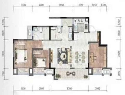 山境洋房A户型， 2室2厅2卫1厨， 建筑面积约96.00平米
