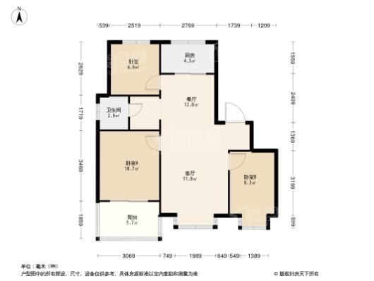 山水王城D1户型 3室2厅1卫1厨