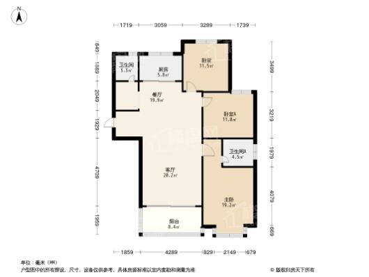 山水王城G1户型 3室2厅2卫1厨