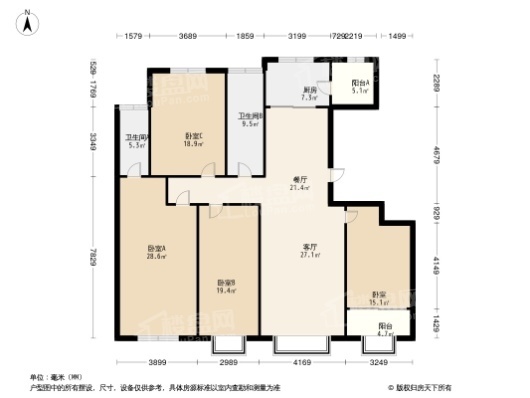 紫御宫馆25/26#B2户型 4室2厅2卫1厨