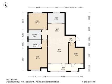 高创水岸蓝湾A户型 3室2厅2卫1厨