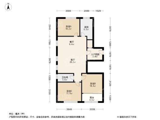 海联江樾府A户型 3室2厅1卫1厨